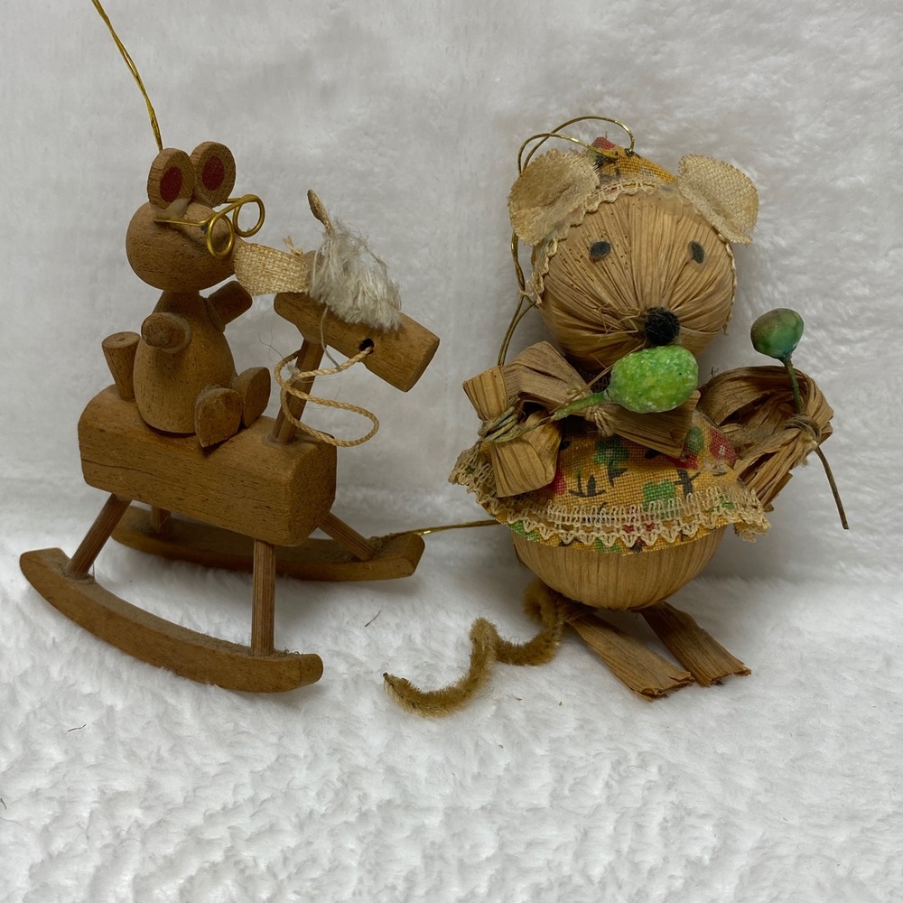 Vintage Homemade Christmas Ornaments Straw Wood Mouse‎ Rocking Horse